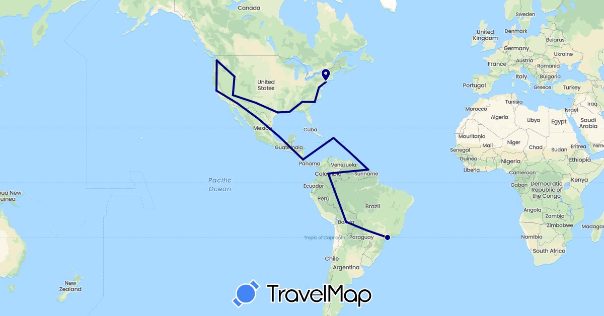 TravelMap itinerary: driving in Bolivia, Brazil, Colombia, Costa Rica, Dominican Republic, United States (North America, South America)